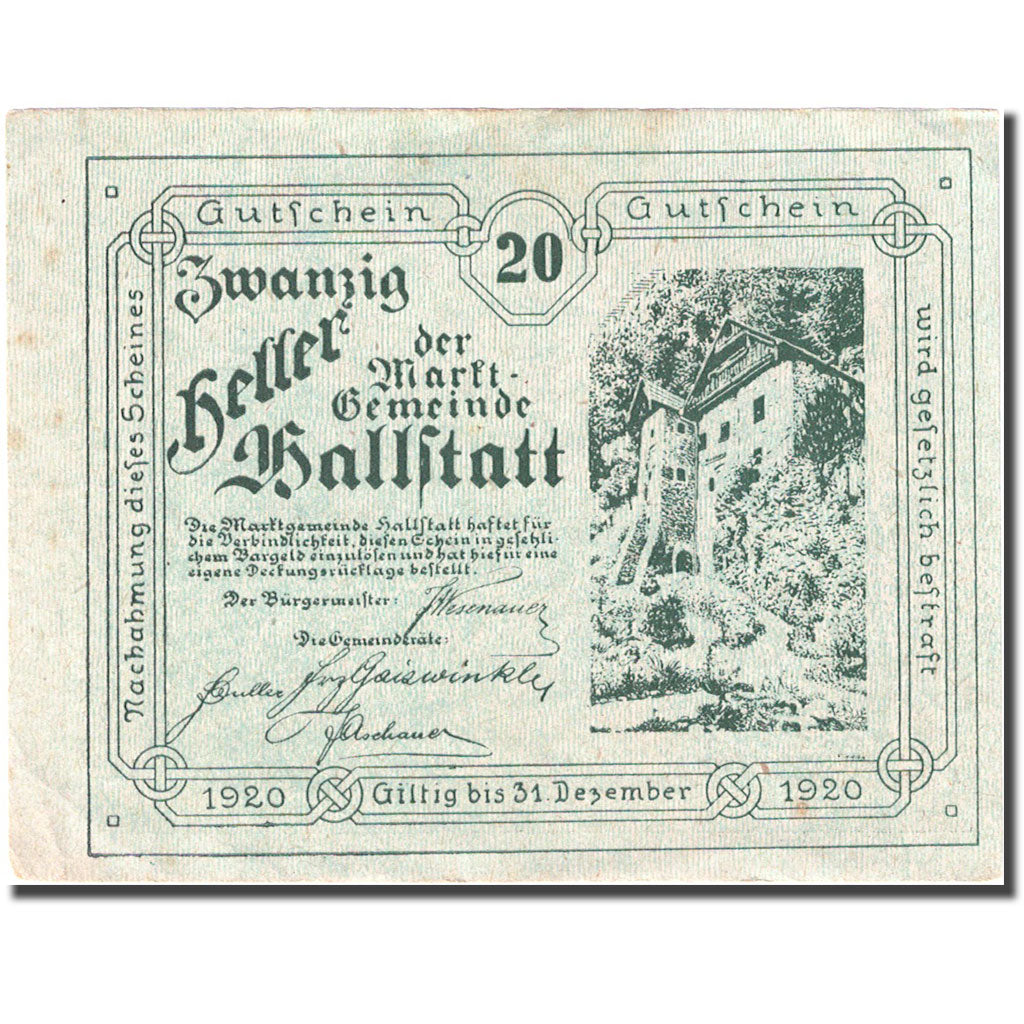 Banknote, Austria, Hallstatt, 20 Heller, château, 1920 EF(40-45) Mehl: FS 345