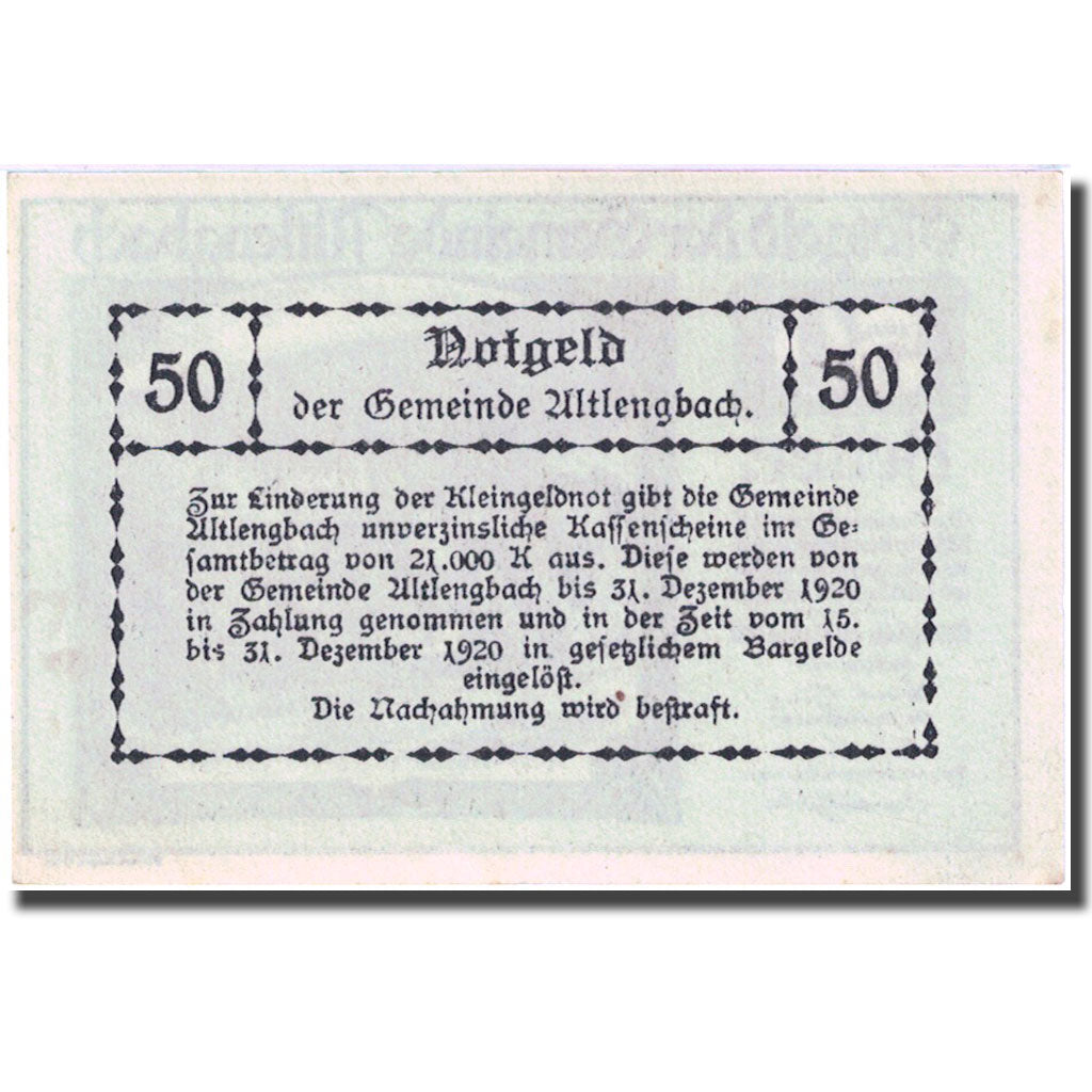 Banknote, Austria, Altlengbach, 50 Heller, village, 1920 UNC(63) Mehl:FS 33a