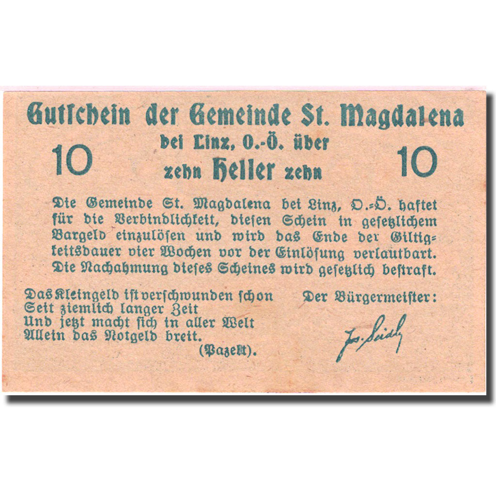 Banconote, Austria, St Magdalena, 10 Heller, village, 1920 SPL- Mehl:FS 906b