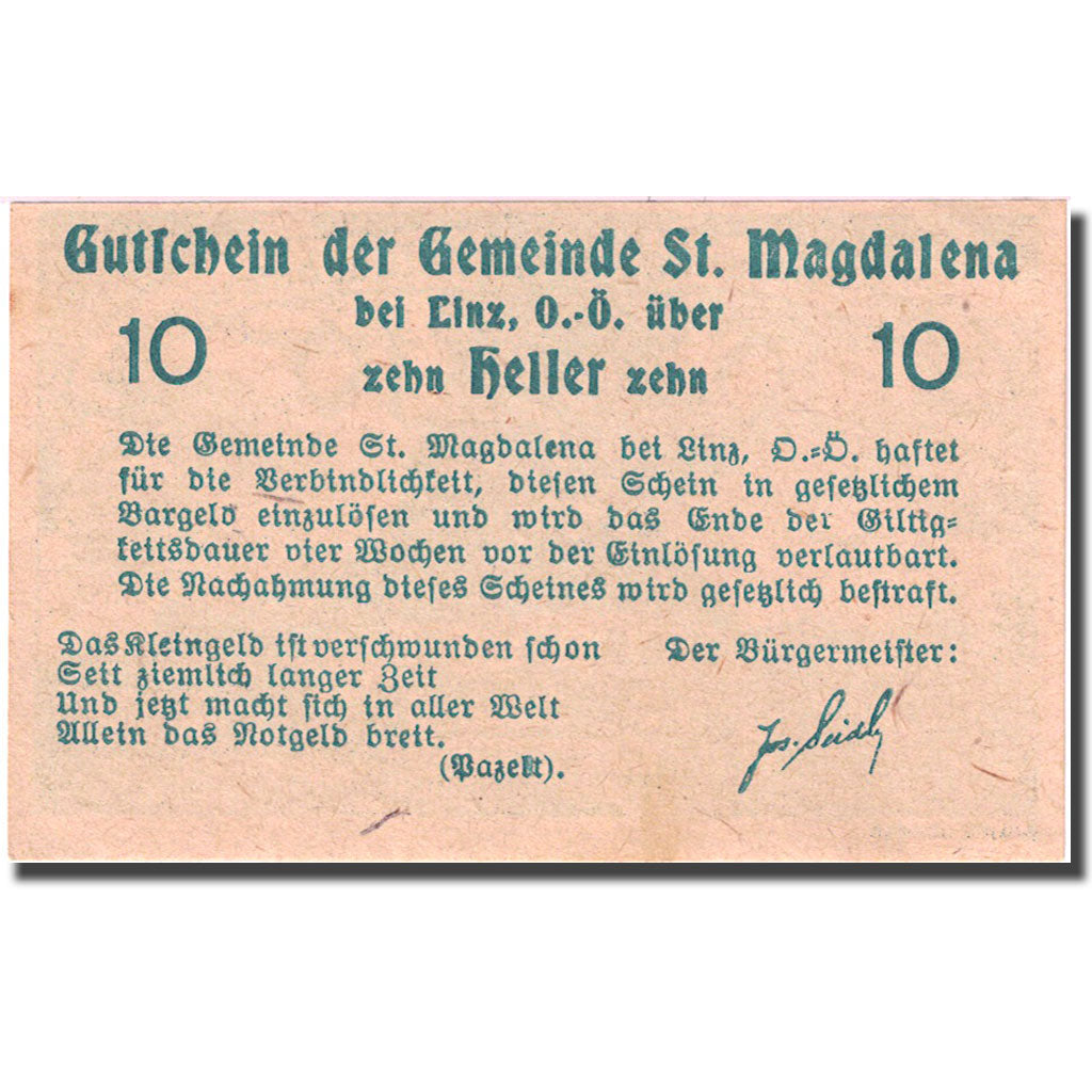 Banknote, Austria, St Magdalena, 10 Heller, village, 1920 UNC(63) Mehl:FS 906b