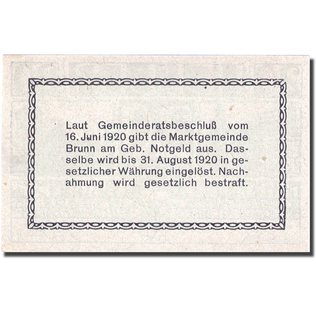 Banknote, Austria, Brunn, 20 Heller, Monument, 1920 UNC(63) Mehl:FS 109a