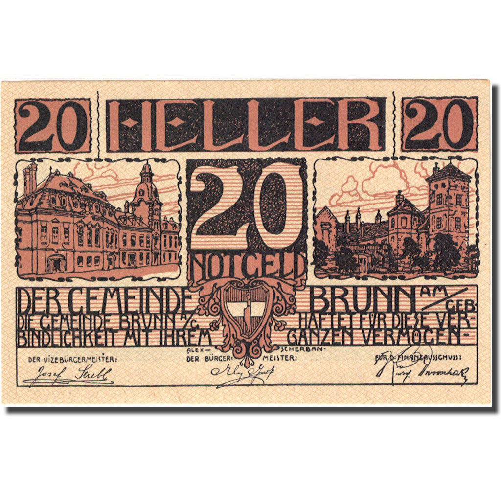 Banknote, Austria, Brunn, 20 Heller, Monument, 1920 UNC(64) Mehl:FS 109a