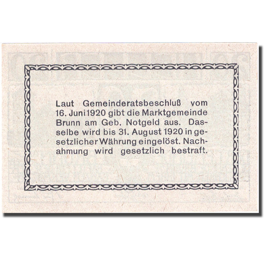 Banknote, Austria, Brunn, 20 Heller, Monument, 1920 UNC(64) Mehl:FS 109a