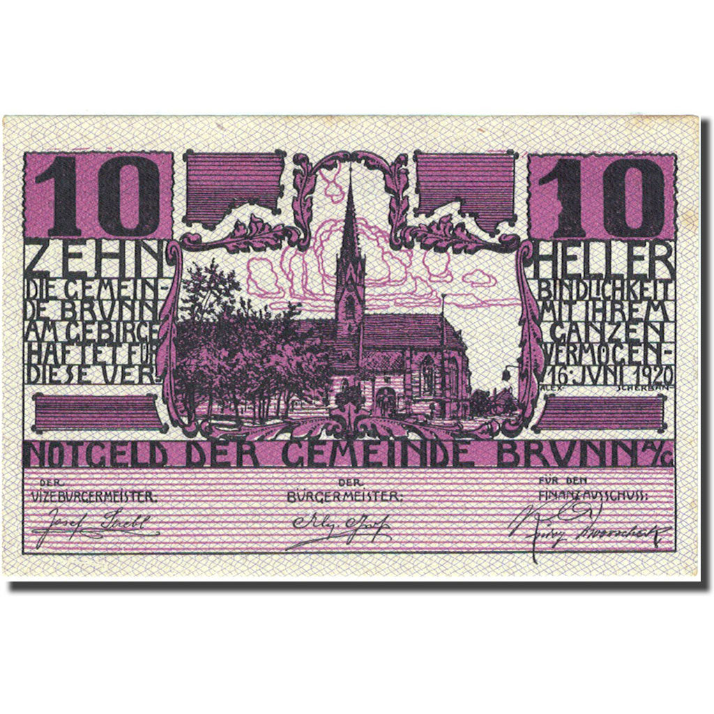Banknote, Austria, Brunn, 10 Heller, Eglise, 1920 UNC(60-62) Mehl:FS 109a