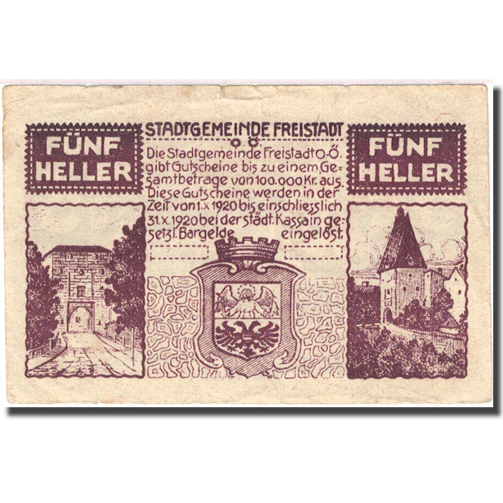 Banknote, Austria, Freistadt, 5 Heller, château, 1920 EF(40-45) Mehl:FS 212a