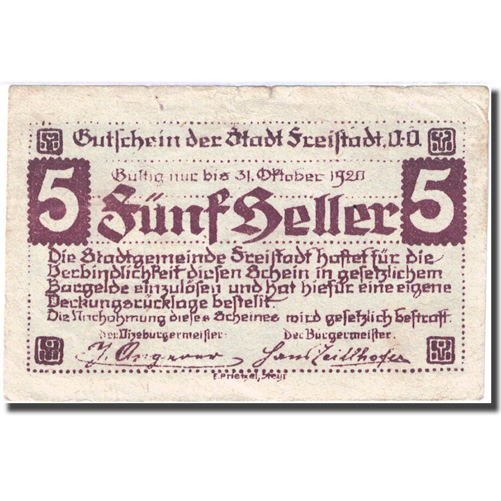 Banknote, Austria, Freistadt, 5 Heller, château, 1920 EF(40-45) Mehl:FS 212a