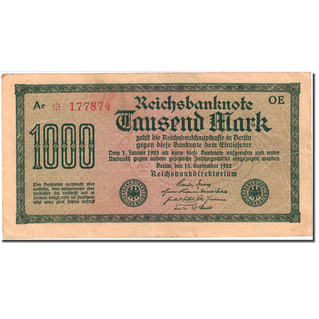 Banknot, Niemcy, 1000 Mark, 1922, 1922-09-15, KM:76b, EF(40-45)