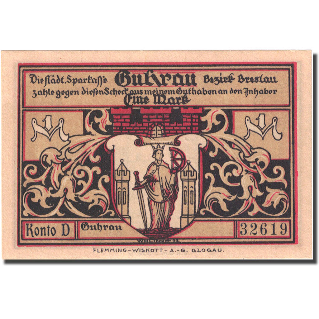 Banknote, Germany, Guhrau, 1 Mark, château, 1922, UNC(63), Mehl:496.1a