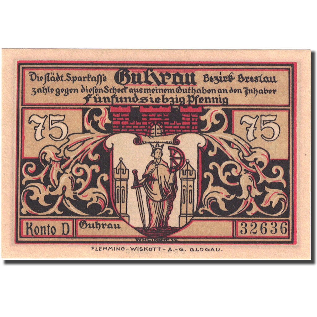 Banknote, Germany, Guhrau, 75 Pfennig, moulin, 1922, UNC(63), Mehl:496.1a
