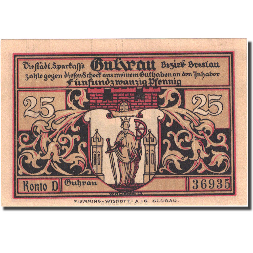 Banknote, Germany, Guhrau, 25 Pfennig, chateau 1, 1922, UNC(63), Mehl:496.1a