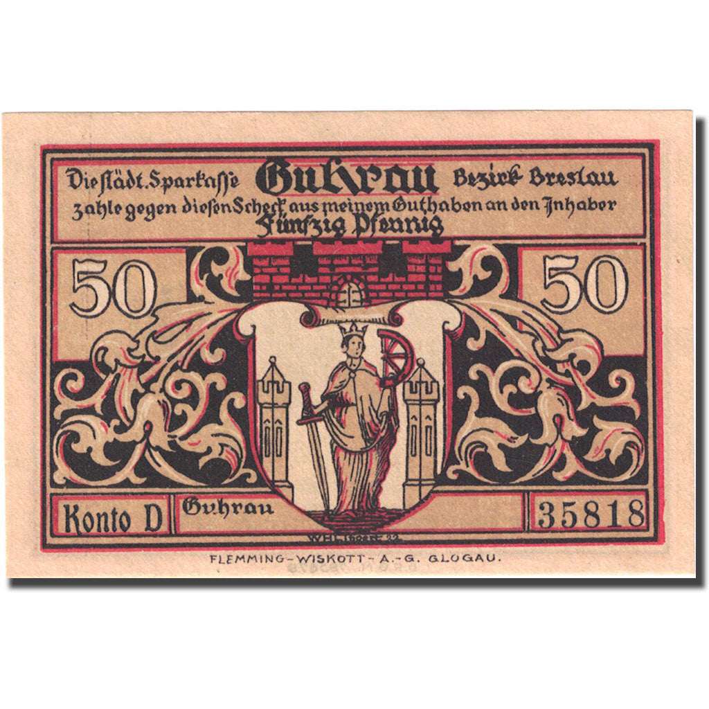 Banconote, Germania, Guhrau, 50 Pfennig, village, 1922, SPL, Mehl:496.1a