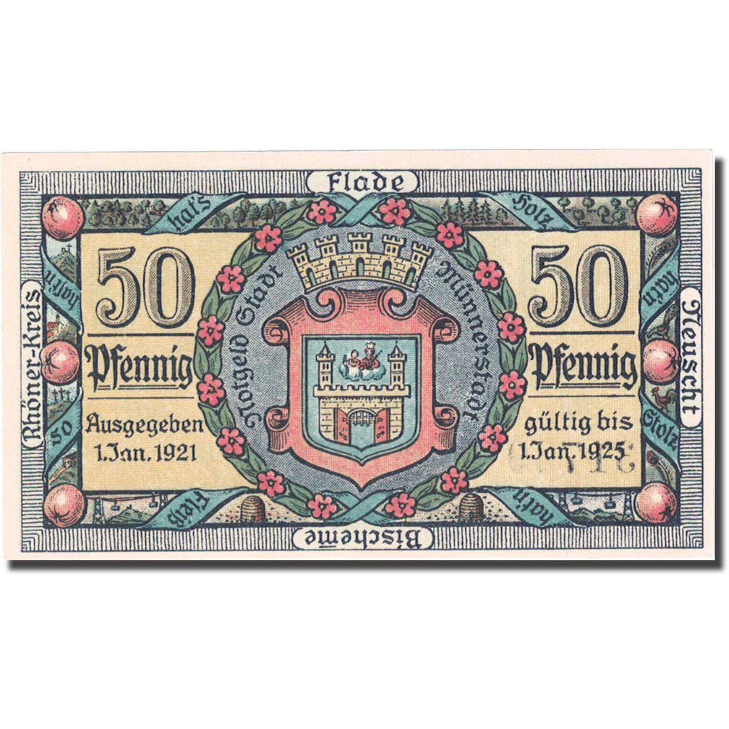 Banknote, Germany, Münnerst, 50 Pfennig, château, 1921 UNC(63) Mehl:912.3