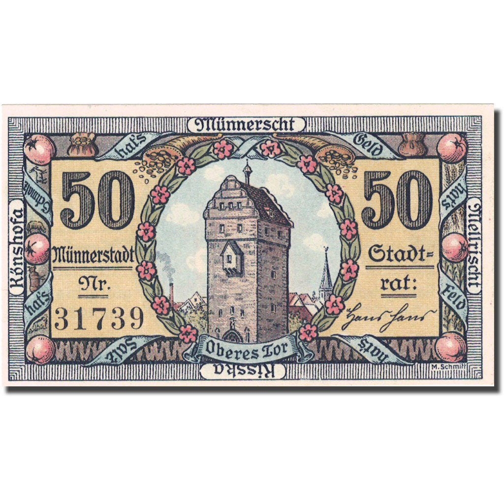 Banknote, Germany, Münnerst, 50 Pfennig, château, 1921 UNC(63) Mehl:912.3