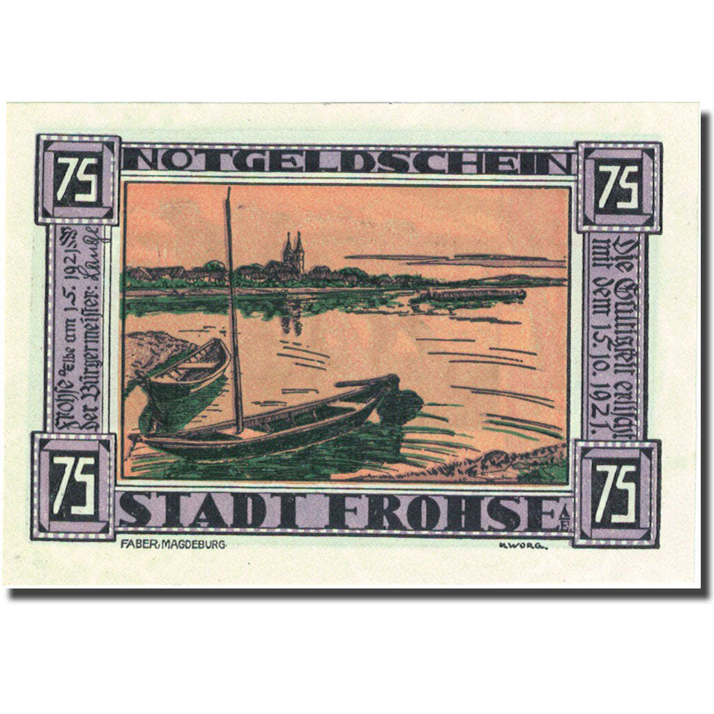 Banconote, Germania, Frohse, 75 Pfennig, voilier 1921-05-01, SPL Mehl:397.1