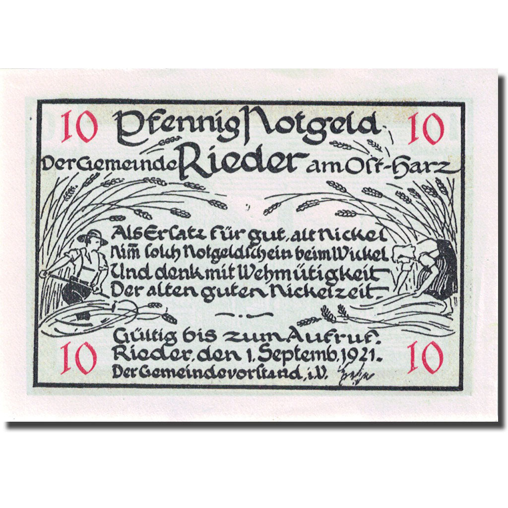 Banknote, Germany, Rieder, 10 Pfennig, village, 1921 UNC(63) Mehl:1122.1a