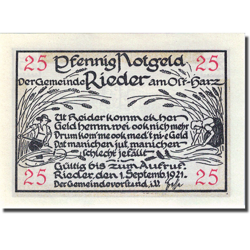 Banknote, Germany, Rieder, 25 Pfennig, château, 1921 UNC(63) Mehl:1122.1a