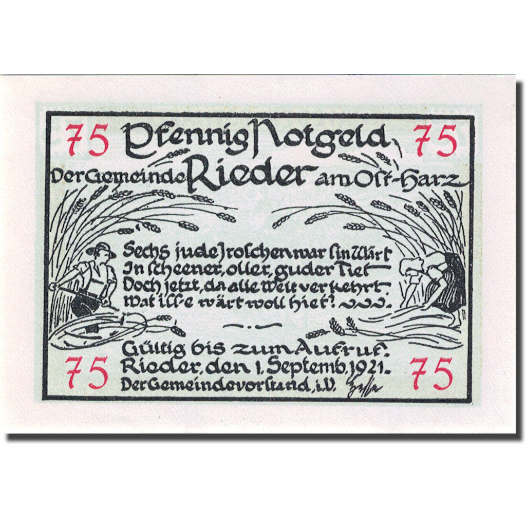 Banknote, Germany, Rieder, 75 Pfennig, village, 1921 UNC(63) Mehl:1122.1a