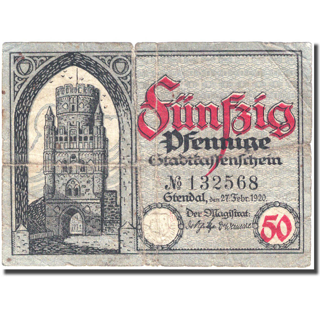 Banconote, Germania, Stendal, 50 Pfennig, château 1920-02-27, B, Mehl:S 109.1