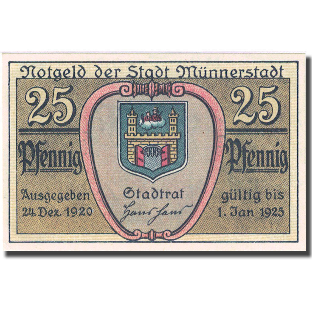 Banknote, Germany, Münnerst, 25 Pfennig, château 1920-12-24  UNC(63) Mehl:912.3