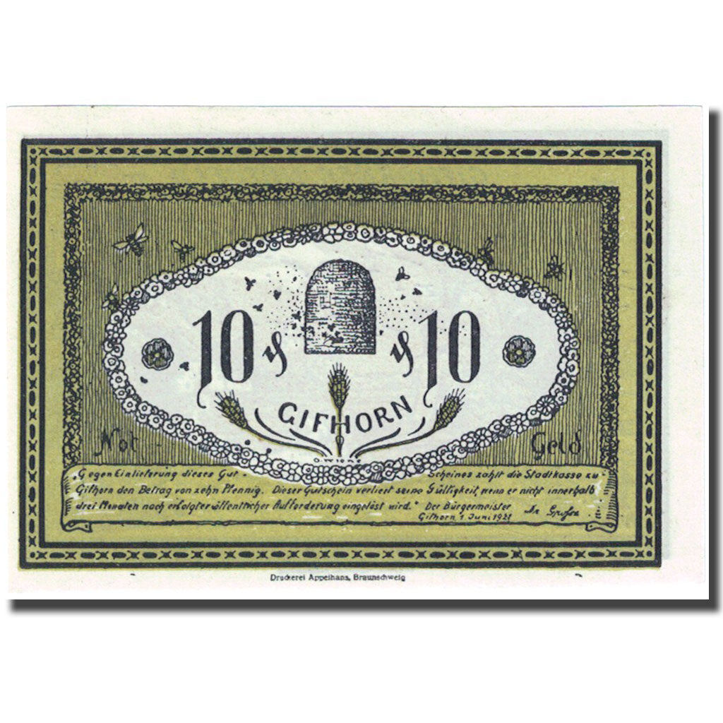 Banknote, Germany, Gifhorn, 10 Pfennig, personnage, 1921 UNC(63) Mehl:428.1