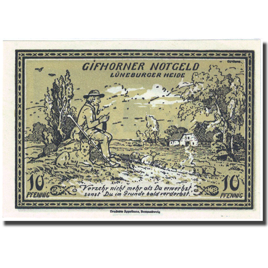 Banknote, Germany, Gifhorn, 10 Pfennig, personnage, 1921 UNC(63) Mehl:428.1