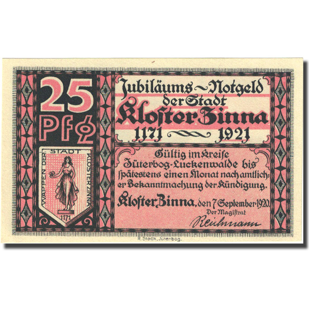Banconote, Germania, Kloster Zinna, 25 Pfennig, Eglise, 1920 SPL Mehl:708.1