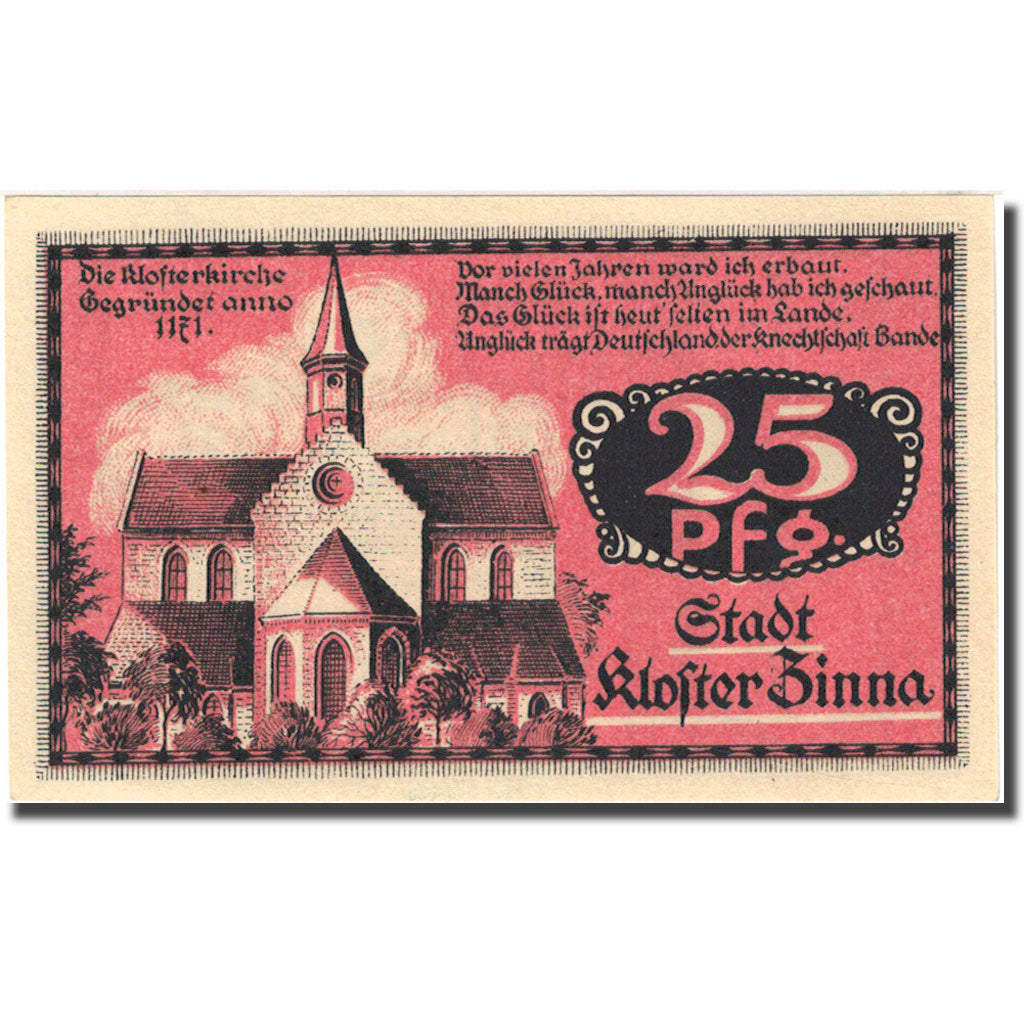 Banconote, Germania, Kloster Zinna, 25 Pfennig, Eglise, 1920 SPL Mehl:708.1