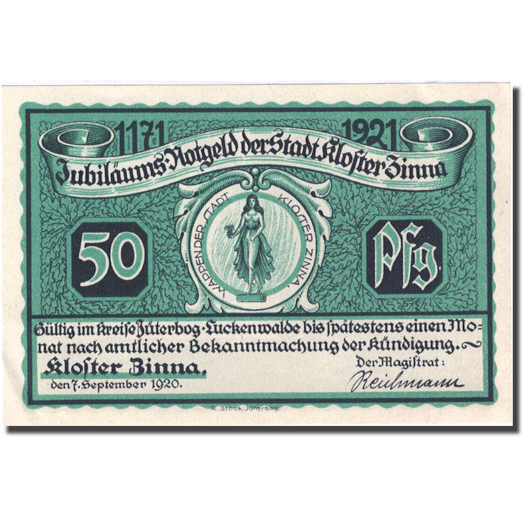 Banknote, Germany, Kloster Zinna, 50 Pfennig, Monument, 1920 UNC(63) Mehl:708.1