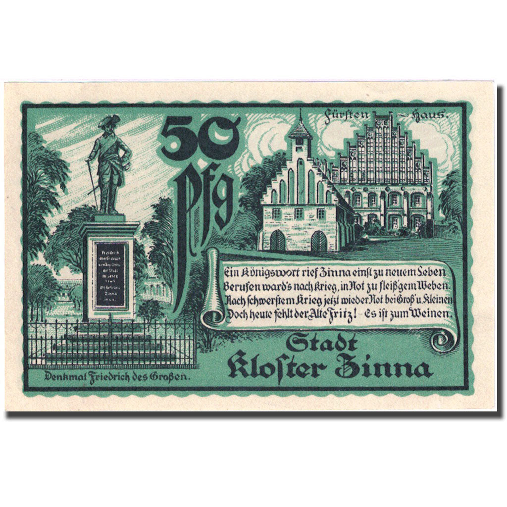 Banknote, Germany, Kloster Zinna, 50 Pfennig, Monument, 1920 UNC(63) Mehl:708.1