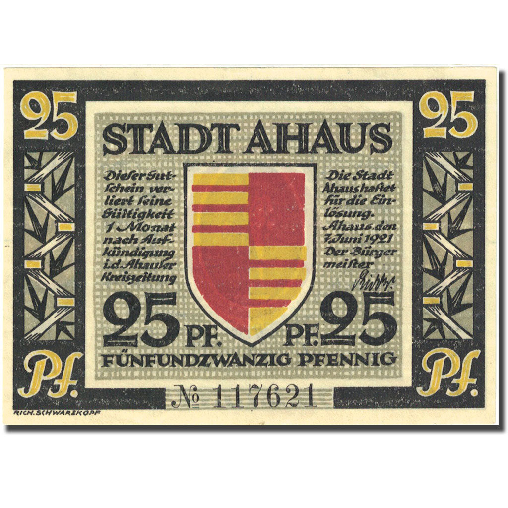 Banknote, Germany, Ahaus, 25 Pfennig, Blason 1921-06-07 UNC(63) Mehl:3.1a