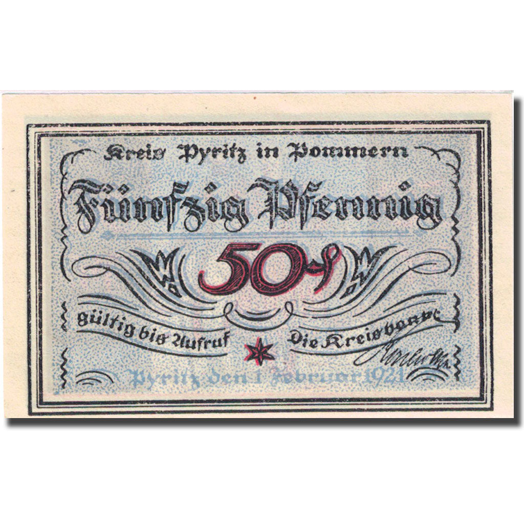 Banknote, Germany, Pyritz, 50 Pfennig, personnage, 1921 UNC(63) Mehl:1082.1b