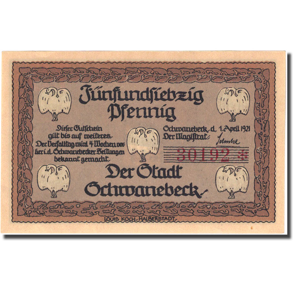 Banknote, Germany, Schwanebeck, 75 Pfennig, mairie, 1921 UNC(63) Mehl:1206.1