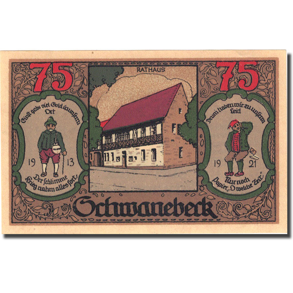 Banknote, Germany, Schwanebeck, 75 Pfennig, mairie, 1921 UNC(63) Mehl:1206.1
