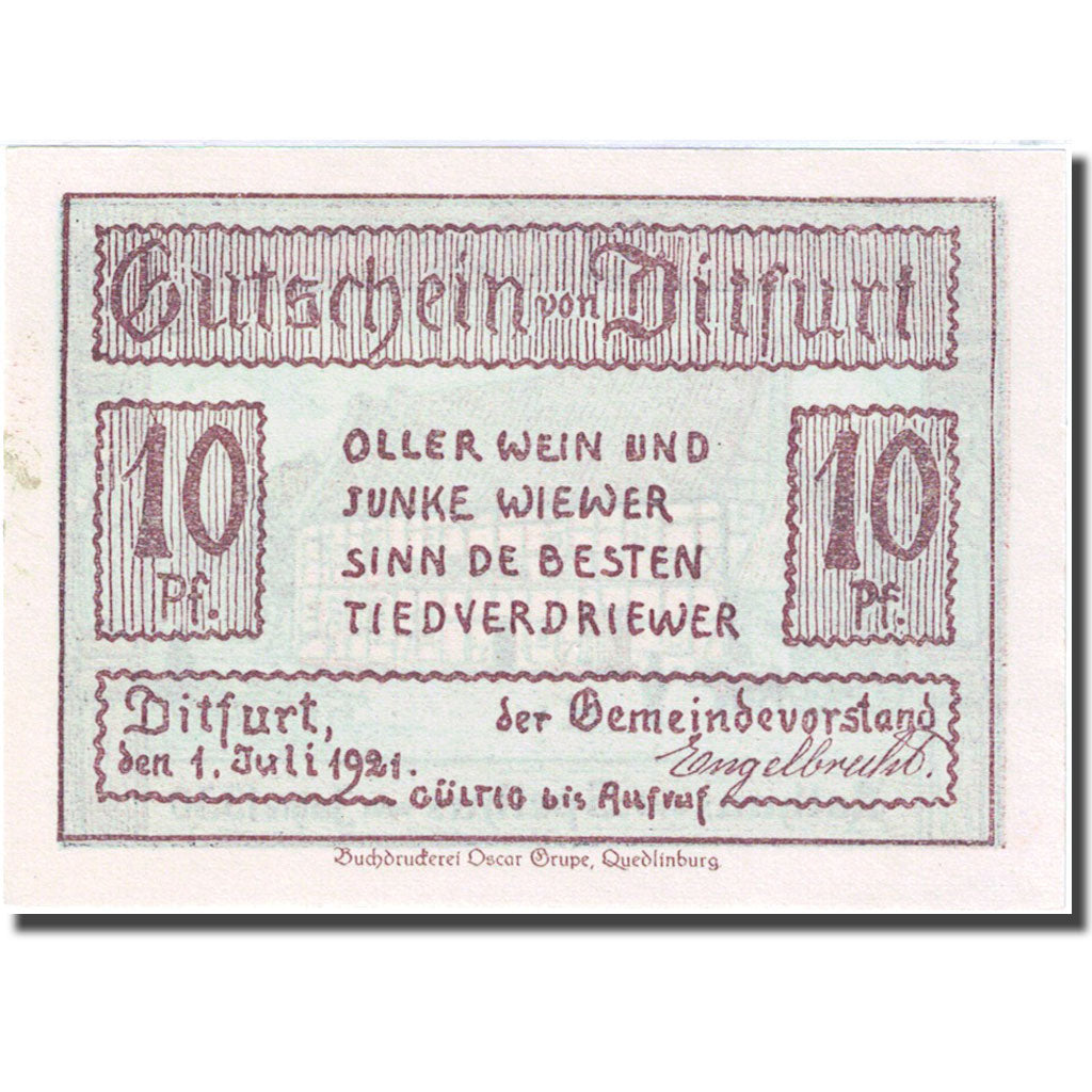 Banconote, Germania, Ditfurt, 10 Pfennig, ferme 1921-07-01, SPL Mehl:275.1