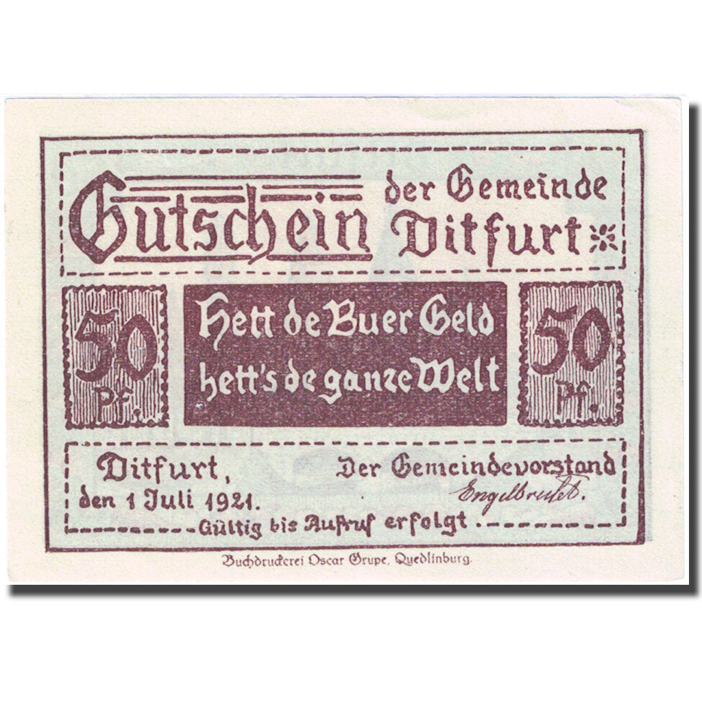 Banknote, Germany, Ditfurt, 50 Pfennig, Eglise 1921-07-01, UNC(63) Mehl:275.1