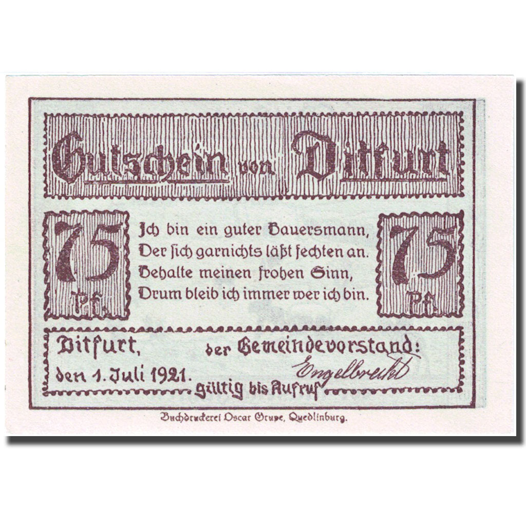 Banknote, Germany, Ditfurt, 75 Pfennig, château 1921-07-01, UNC(63) Mehl:275.1