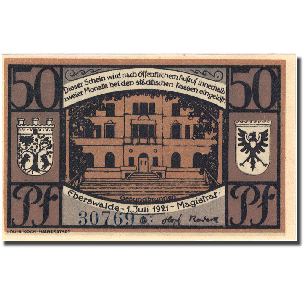 Banknote, Germany, Eberswalde, 50 Pfennig, chateau 1, 1921 UNC(63) Mehl:303.1a