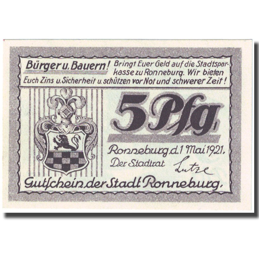 Banknote, Germany, Ronneburg, 5 Pfennig, Blason, 1921 UNC(63) Mehl:1133.1a