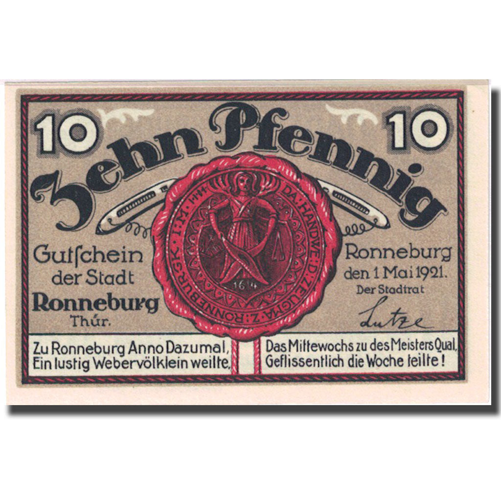 Geldschein, Deutschland, Ronneburg, 10 Pfennig, château, 1921 UNZ Mehl:1133.1a