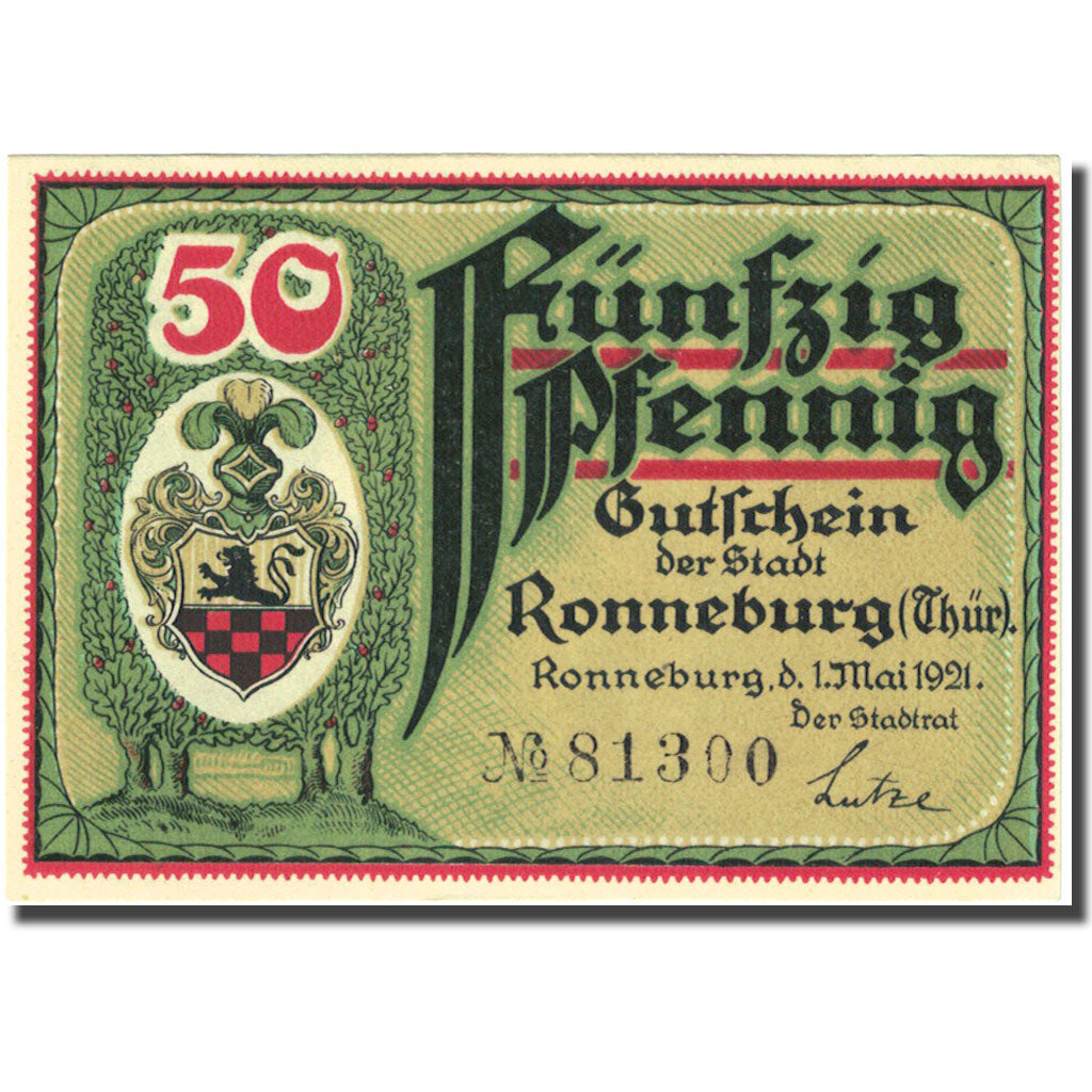 Banknote, Germany, Ronneburg, 50 Pfennig, mairie, 1921 UNC(63) Mehl:1133.1b