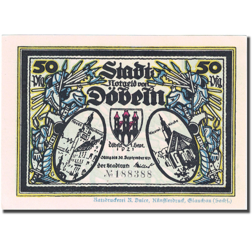 Banknote, Germany, Dobeln, 50 Pfennig, chevalier 1, 1921 UNC(63) Mehl:277.1a