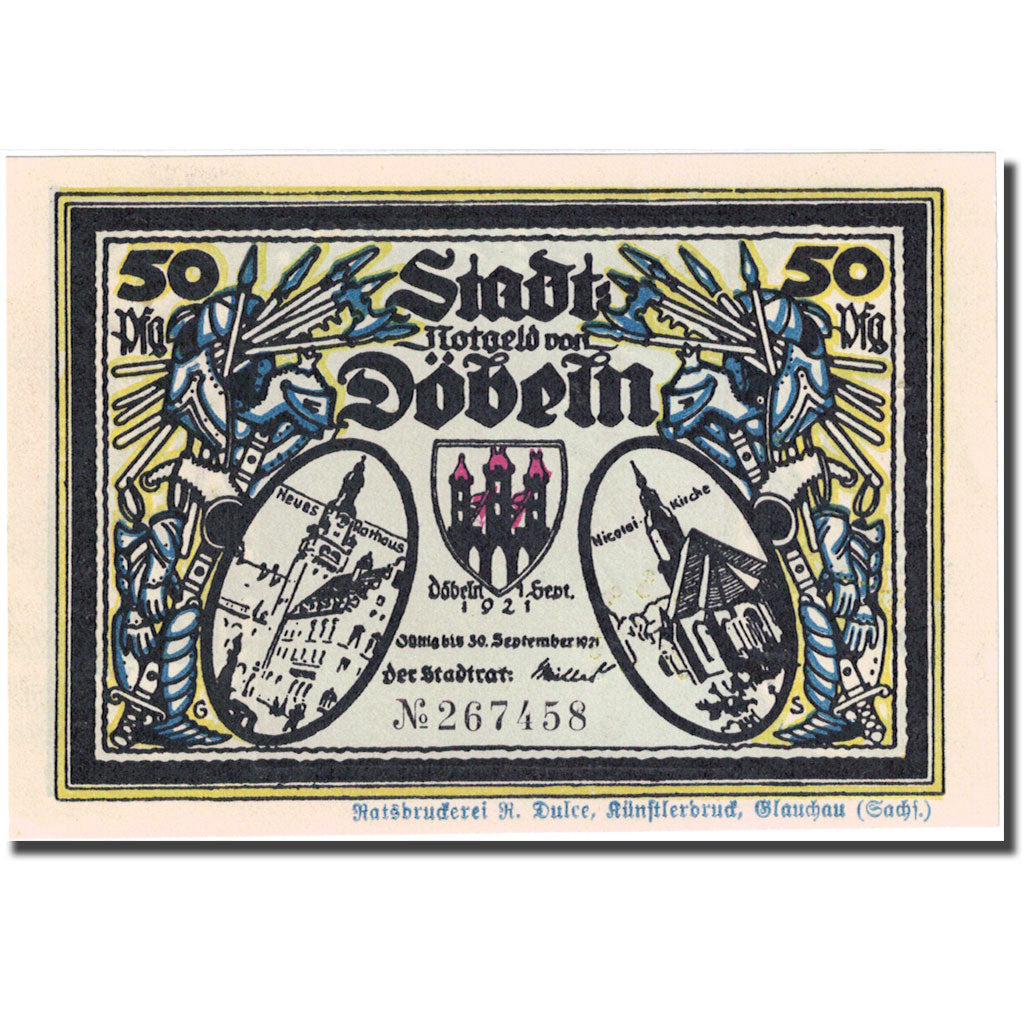 Banknote, Germany, Dobeln, 50 Pfennig, chevalier 2, 1921 UNC(63) Mehl:277.1a