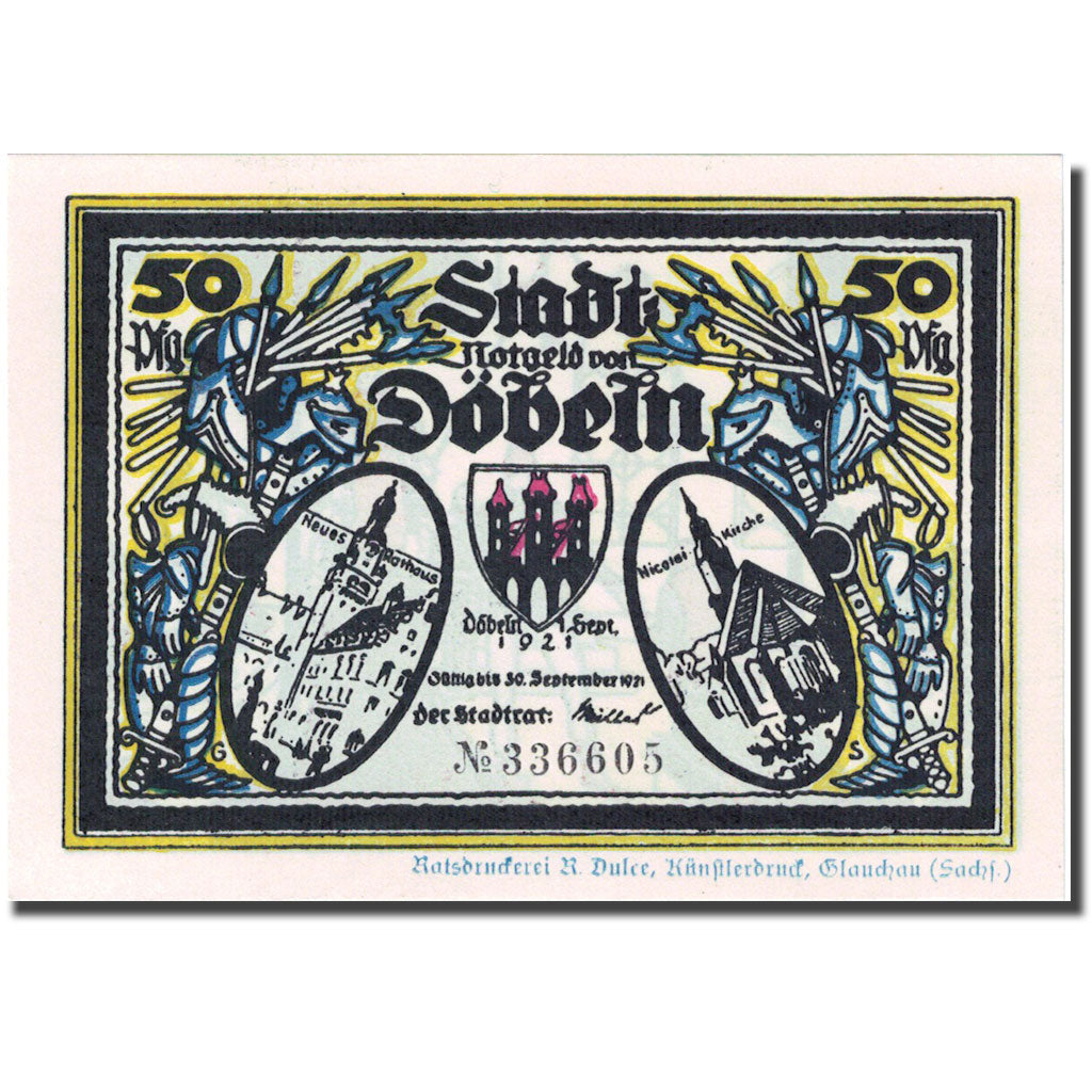 Banknote, Germany, Dobeln, 50 Pfennig, chevalier 3, 1921 UNC(63) Mehl:277.1a