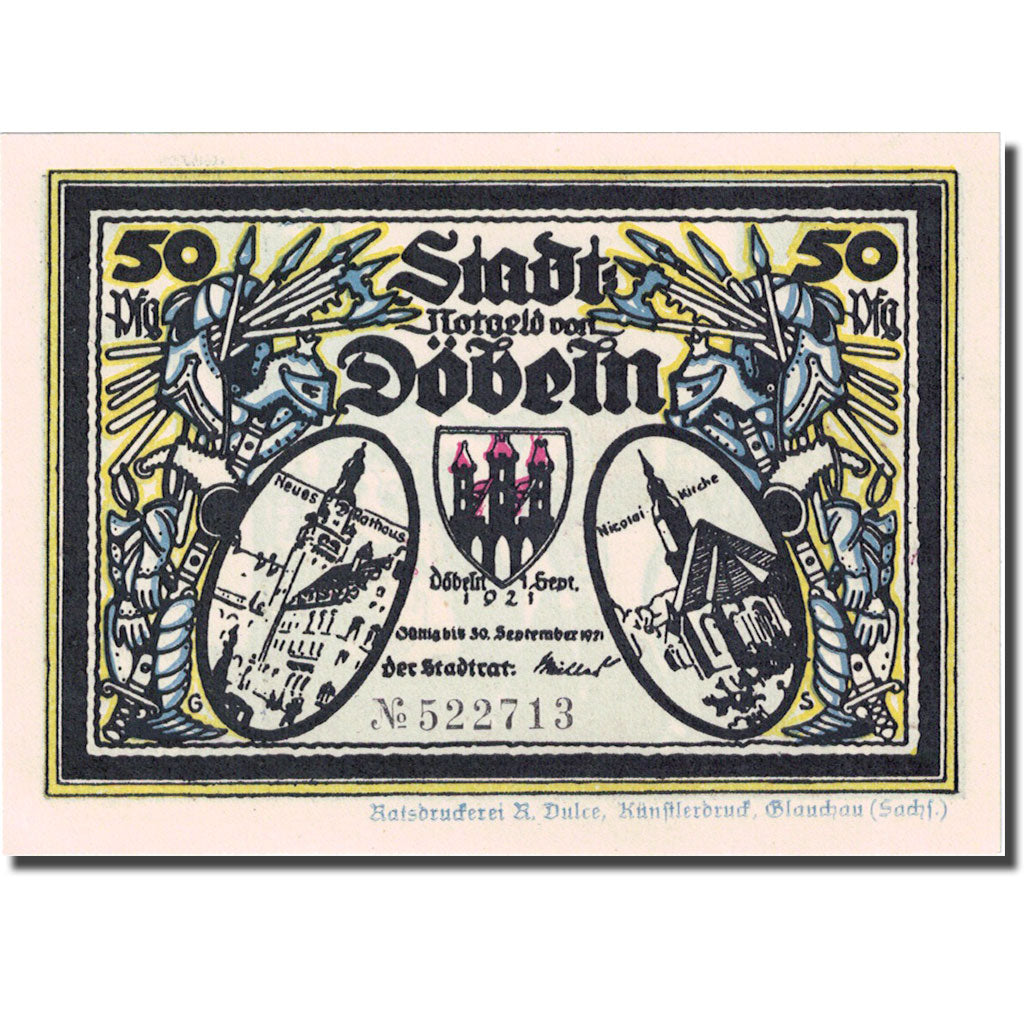 Banknote, Germany, Dobeln, 50 Pfennig, chevalier 5, 1921 UNC(63) Mehl:277.1a