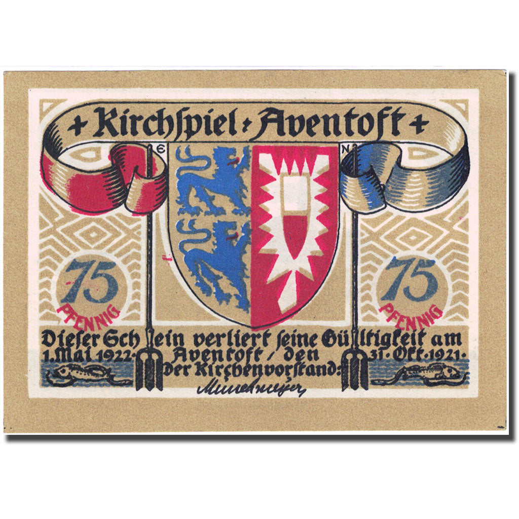 Banknote, Germany, Aventoft, 75 Pfennig, Eglise, 1922 UNC(63) Mehl:57.2