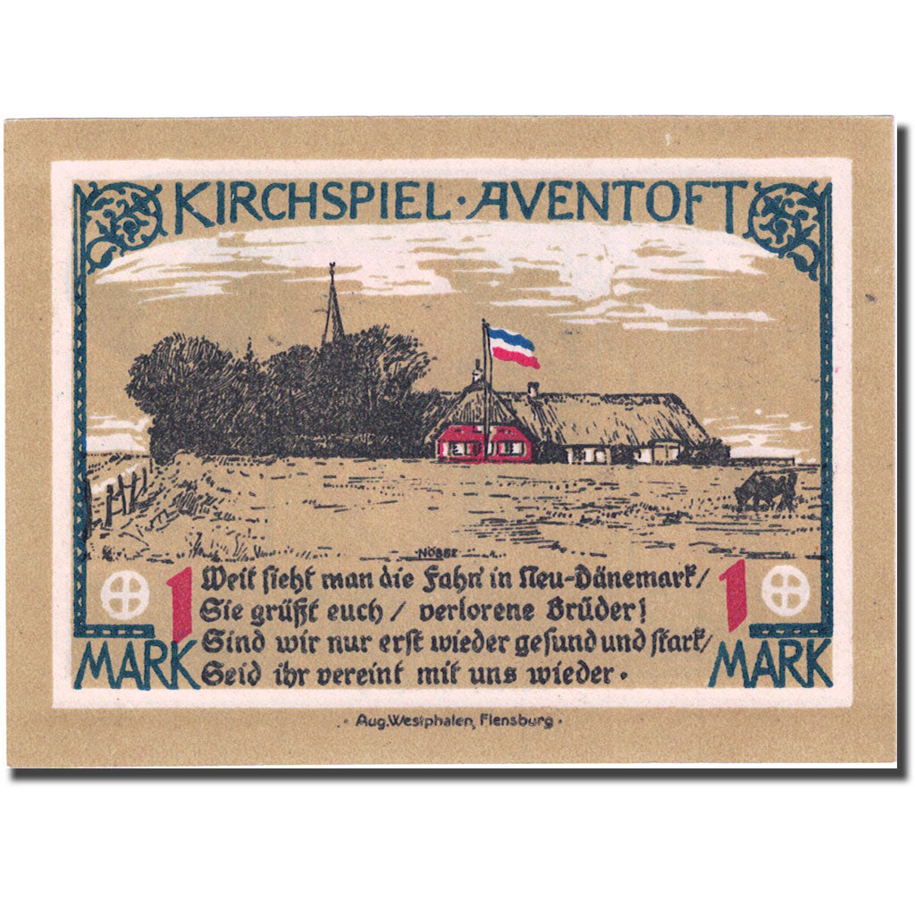 Banknote, Germany, Aventoft, 1 Mark, village, 1922 UNC(63) Mehl:57.1