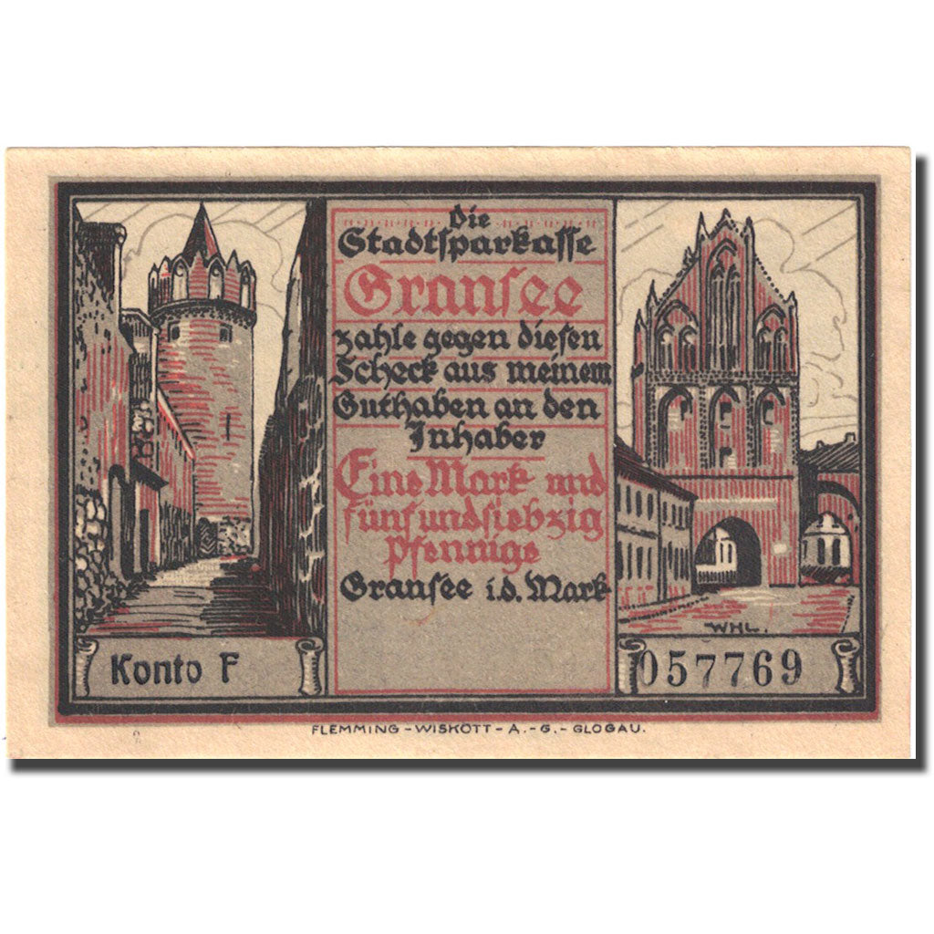 Banknote, Germany, Gransee, 1.75 Mark, personnage 2, 1920, UNC(63), Mehl:465.1a