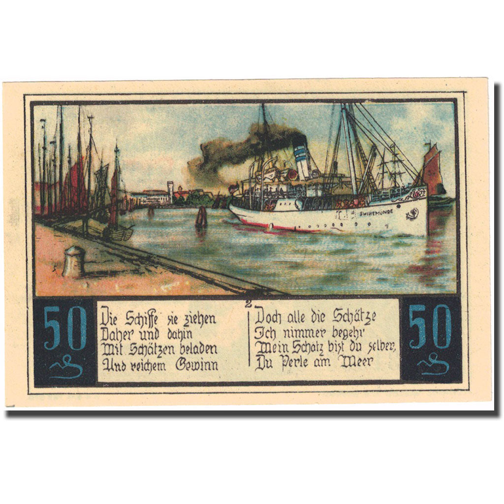 Banconote, Germania, Swinemünde, 50 Pfennig, bateau, 1922, SPL, Mehl:1306.1b