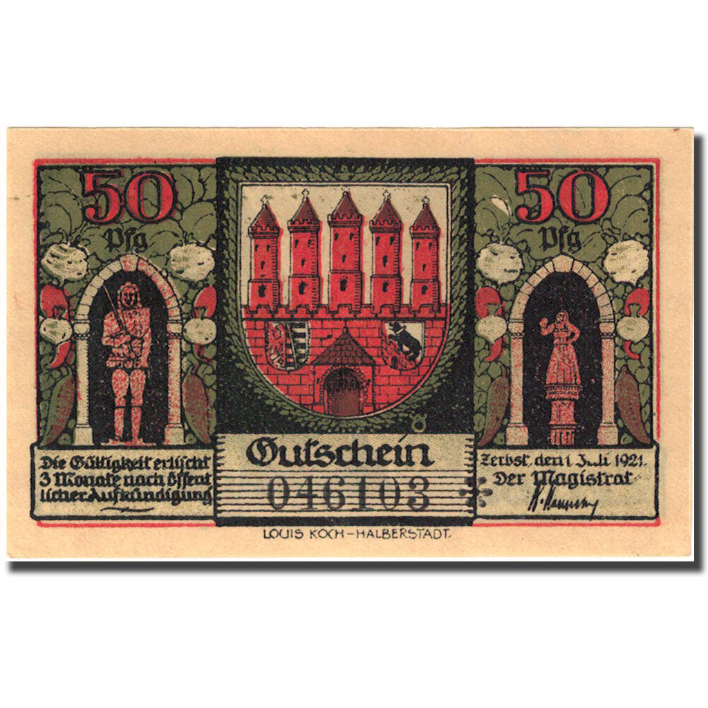 Banknote, Germany, Zerbst, 50 Pfennig, Monument, 1921 UNC(63) Mehl:1469.2a
