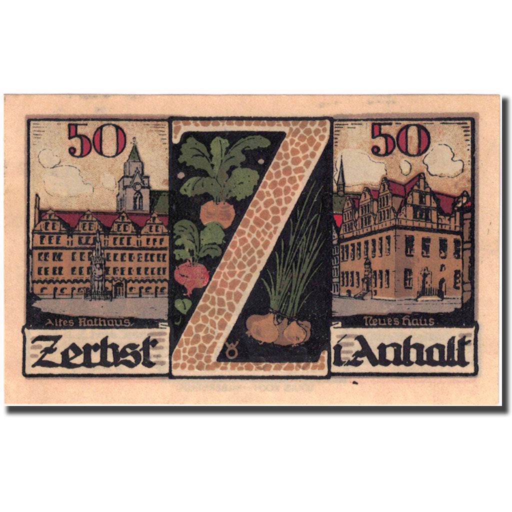 Banknote, Germany, Zerbst, 50 Pfennig, Monument, 1921 UNC(63) Mehl:1469.2a